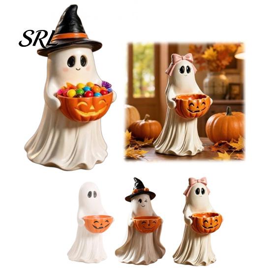 Small Figurines for Bedroom Resin Ghost Statue with Pumpkin Candy Bowl Halloween Table Decor, Detailed Tabletop Figures Cute Desktop Organizer Living