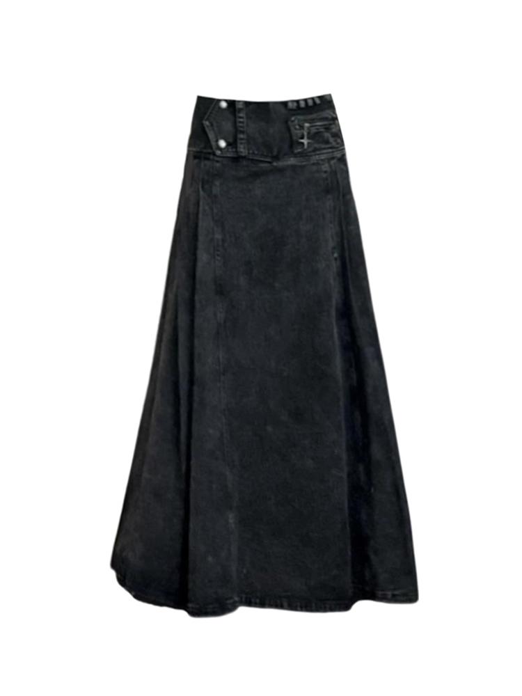 Women's A-line Denim Pleated Skirt Vintage 90s Aesthetic Y2k Long Jean Skirt Harajuku Korean Cowboy Skirts Clothes Summer