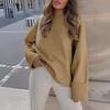 Women's Beige High-Neck Oversized Sweater with Ribbed Cuffs