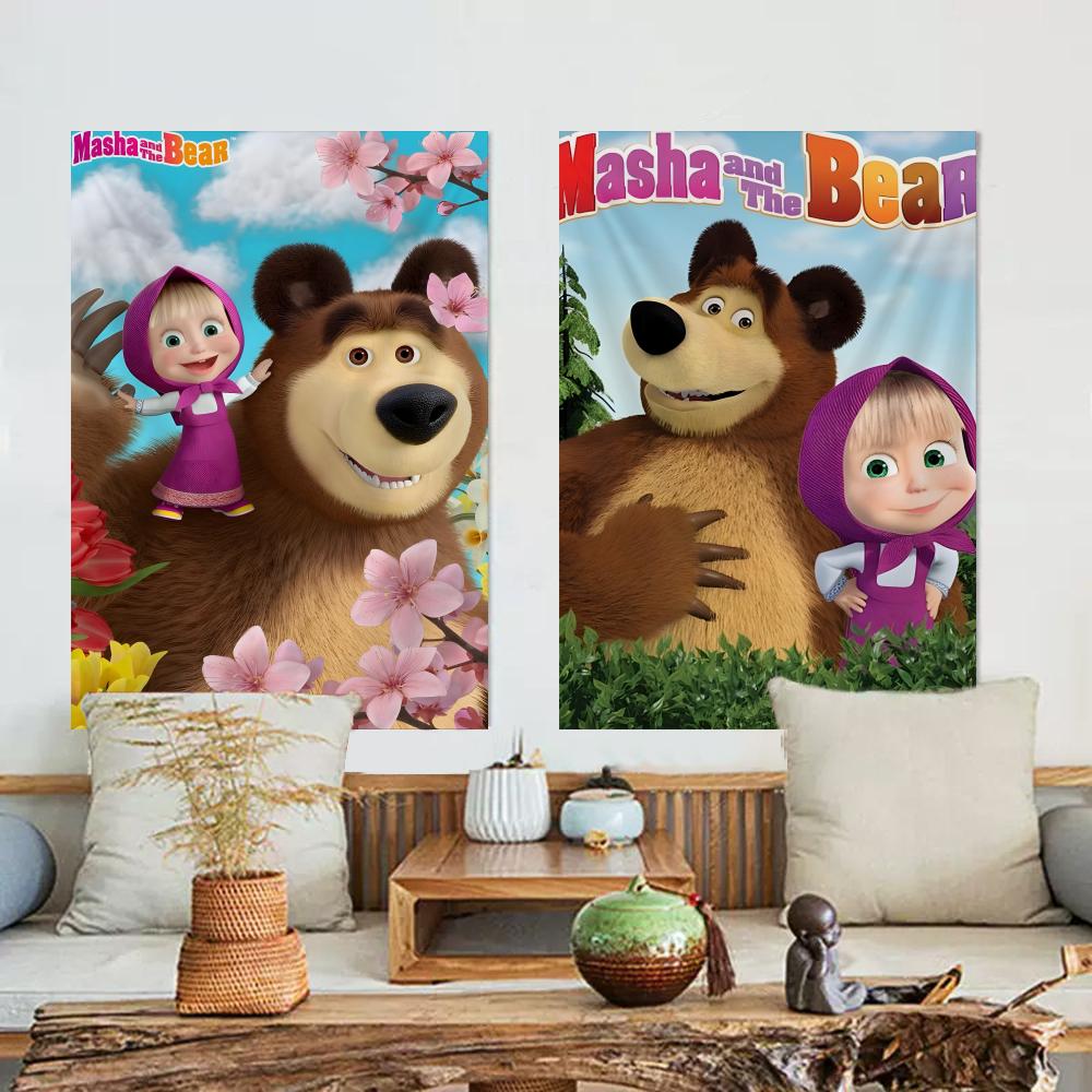 Cartoon MMasha And The Bear Tapestry Microfiber Wall Hanging For Bedroom Living Room Decor Outdoor Festival Bar Background