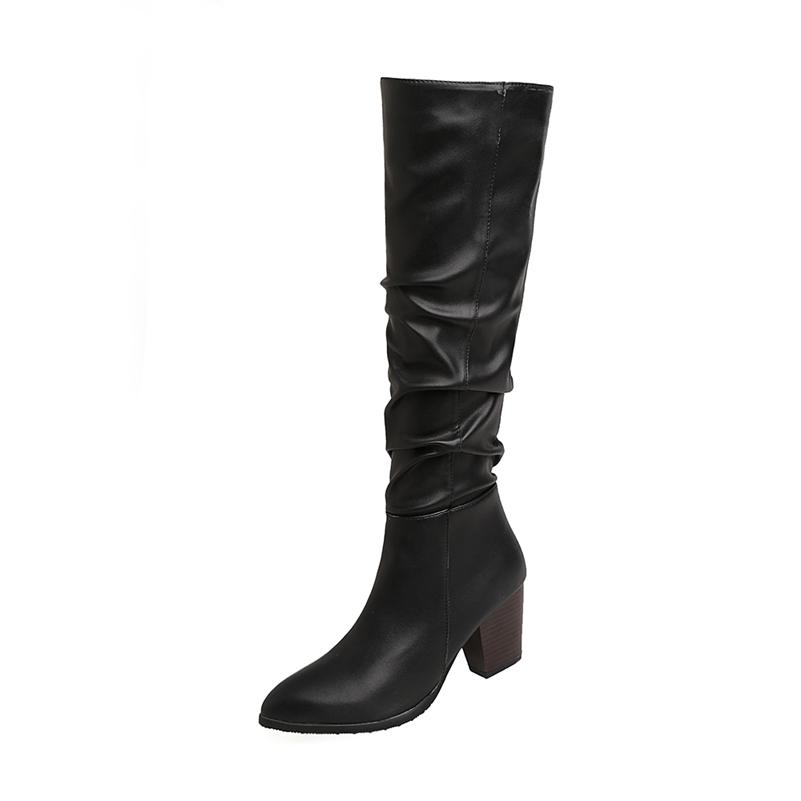 Women Knee High Long Boots Pointed Toe Thick High Heels Zipper Pleated Gogo Boots Ladies Fashion Shoes Autumn Winter 46