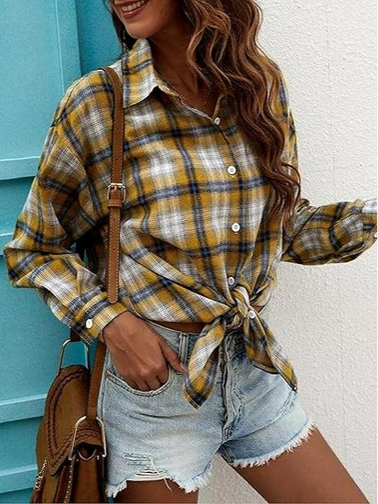 2026 Retro Plaid Yellow Women's Long Sleeve Slimming Top