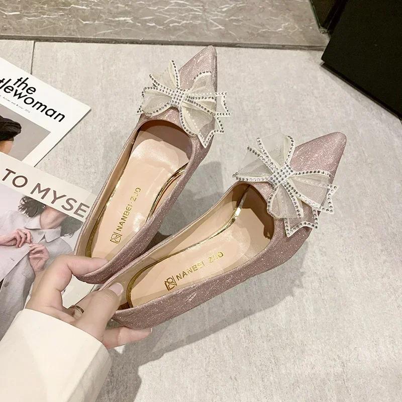 Женские туфли-лодочки Золушка со стразами на высоком каблуке с острым носком и бантом Женские хрустальные туфли для вечеринки и свадьбы Zapatillas Mujer