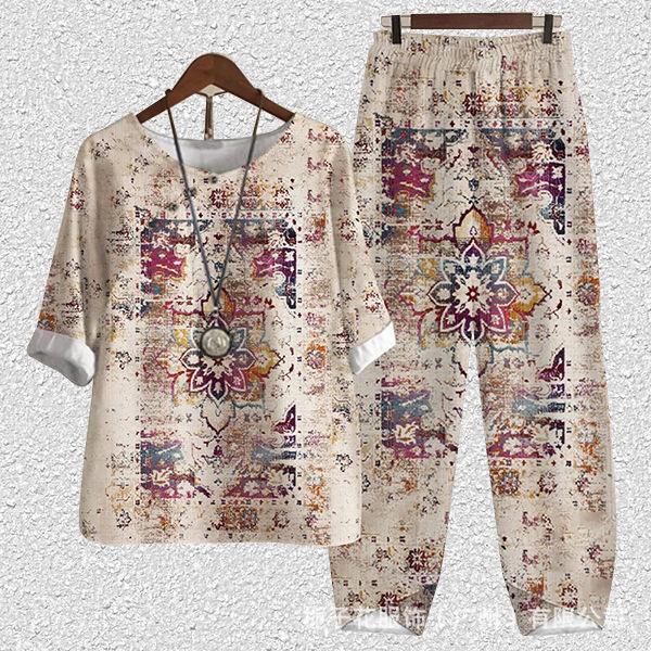 Europe beautiful women casual suit popular fashion summer new five-quarter sleeve printed top pants two-piece set