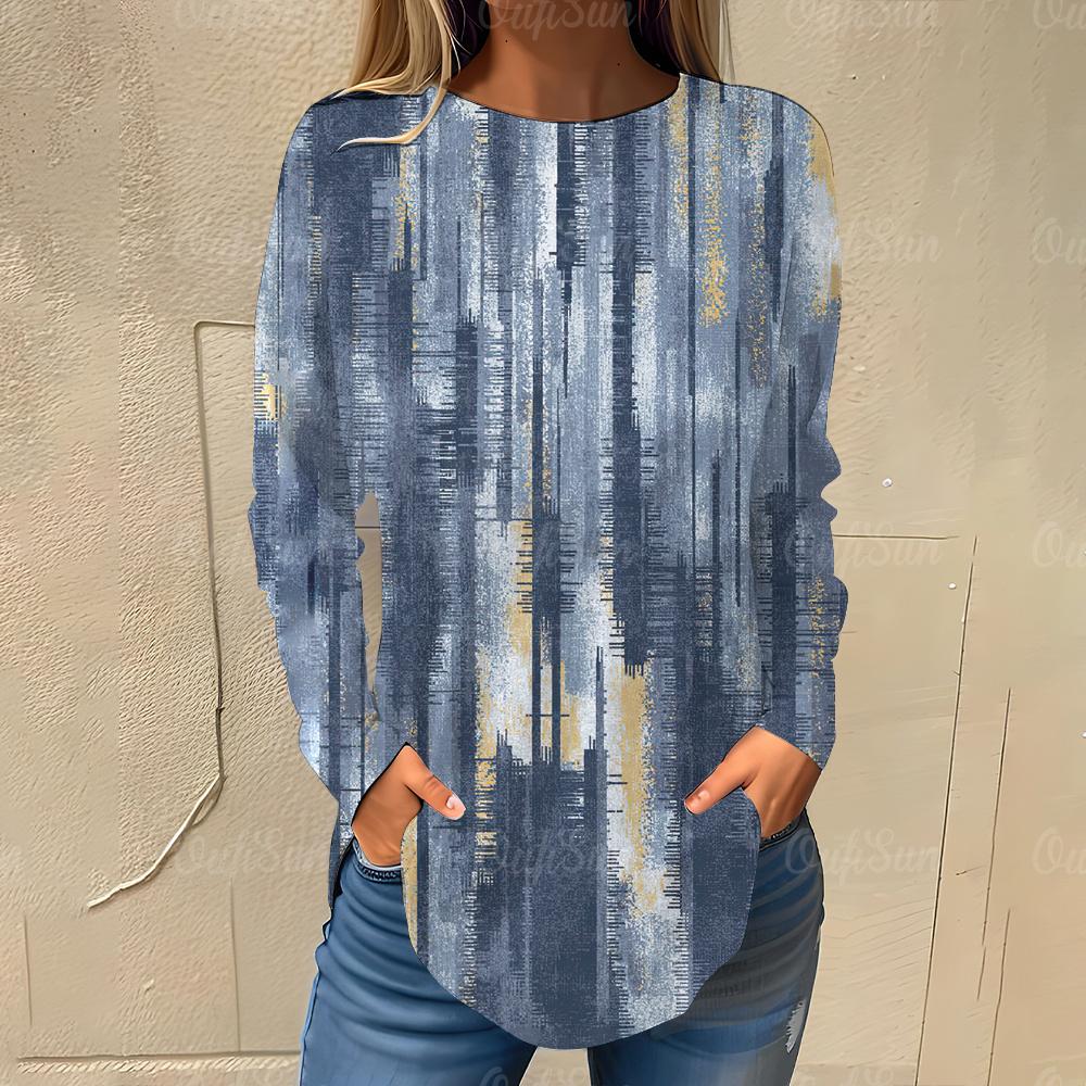 Irregular Color Blocks Pattern Print Women's T-shirts Autumn Casual Cotton Long Sleeves Tees Tops Female Clothing Streetwear