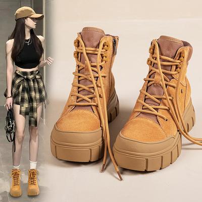 Кожаные ботинки Мартин на платформе женские осенние новые на молнии сбоку рабочие ботинки цвета ревеня для улицы, для пеших прогулок