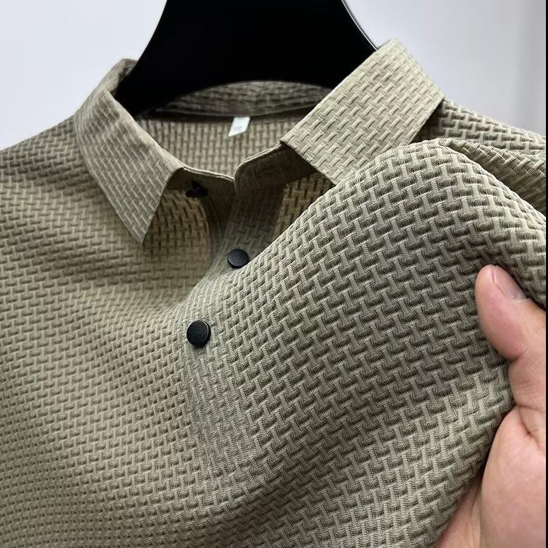 Мужское европейское и американское поло с коротким рукавом из ледяного шелка - Бесшовное, Высокая эластичность, Круглый вырез, Деловой кэжуал