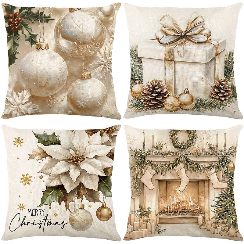 1pc Golden Christmas Cushion Cover Gift Box Fireplace Print Cover 2025 New for Home Ornament Xmas New Year Christmas Decoration