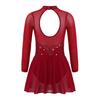 Children Girls Shiny Rhinestones Mesh Keyhole Back Figure Ice Skating Dress Long Sleeves Roller Skating Ballet Dance Leotard Dress