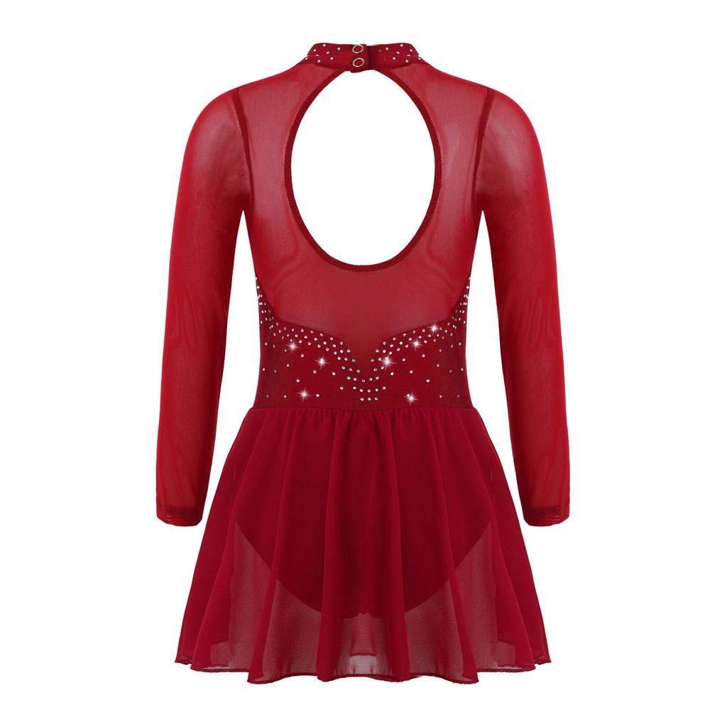 Children Girls Shiny Rhinestones Mesh Keyhole Back Figure Ice Skating Dress Long Sleeves Roller Skating Ballet Dance Leotard Dress