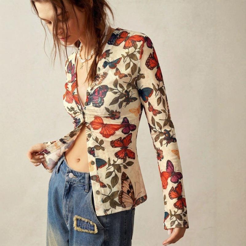Women S Vintage V Neck Butterfly Print Pleated Slim Fit Long Sleeve Shirt