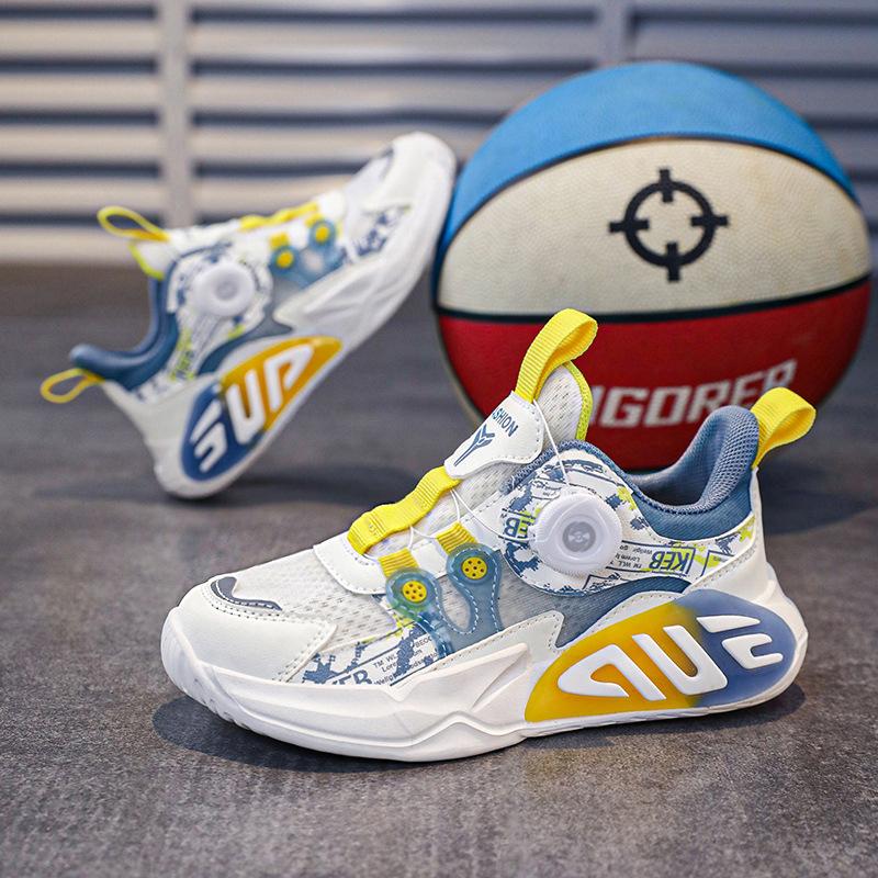 New double mesh ice silk breathable classmate fashion sports shoes medium and older children's casual rotating button cushioning basketball shoes