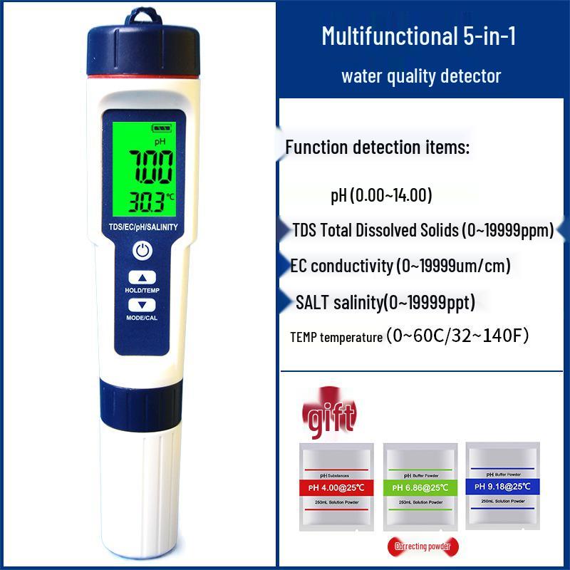 Water Quality Tester 9909: 5-in-1 Multifunctional Pen for pH, Acidity, Salinity, and TDS Measurement.