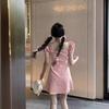 French girl pink bubble sleeve square neck dress summer new sexy small sweet skirt
