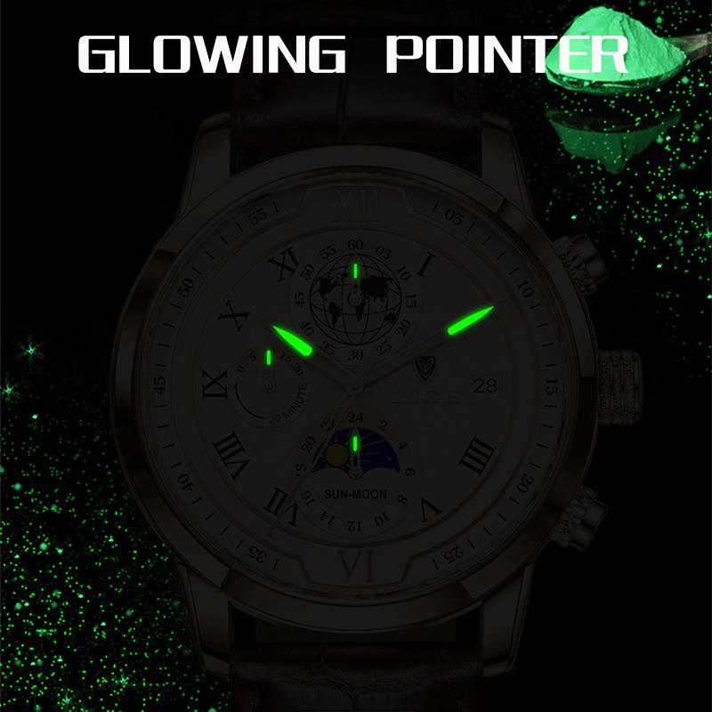 LIGE Модные мужские часы, роскошные деловые часы для отдыха, кварцевые часы с кожаным ремешком, светящийся водостойкий автоматический код даты и времени