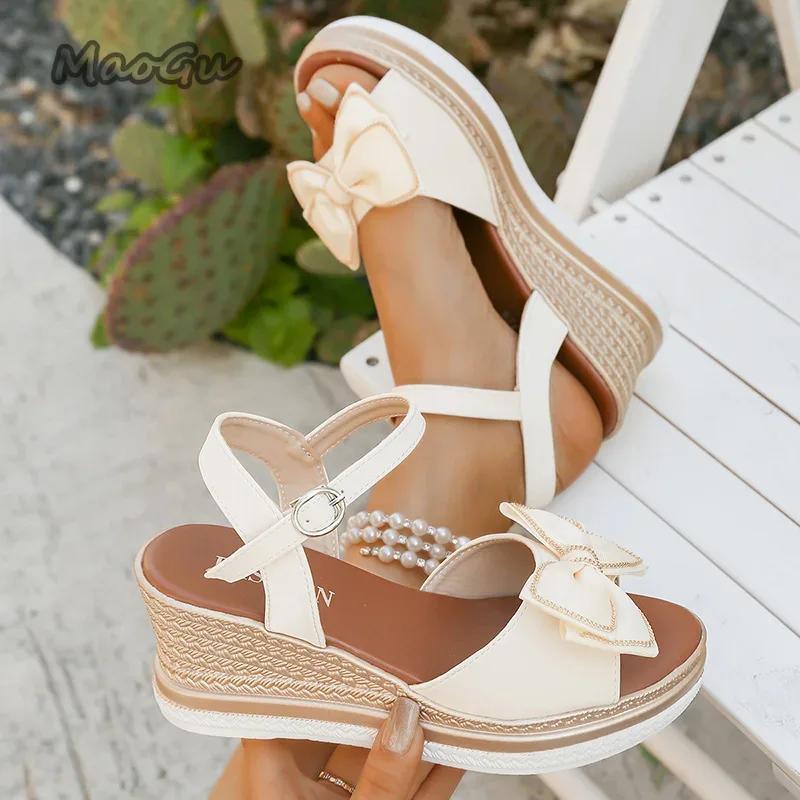 Fashion Lovely Girls Beige Bowtie Sandals Comfortable Platform Wedge Heels Shoes Woman Open Toe Ankle Strap Size35 42 Sandalias Mujer