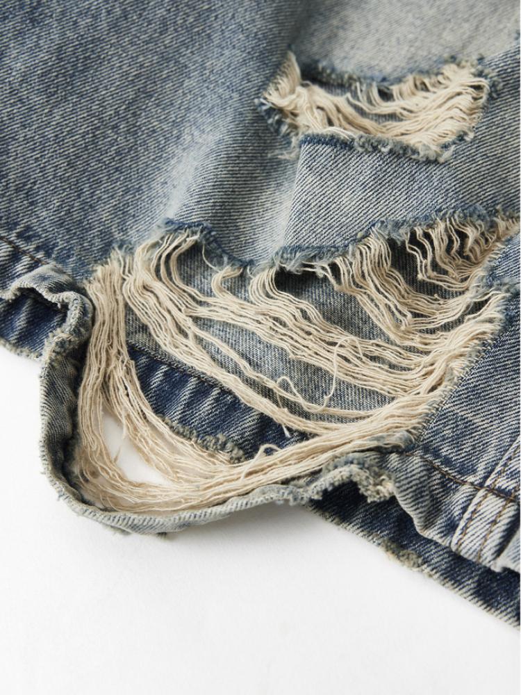 American Street Washed Blue Denim Shorts Y2k E-Girl High Waist Loose Wide Leg Jeans Fashion Hole Straight Knee Length Pants