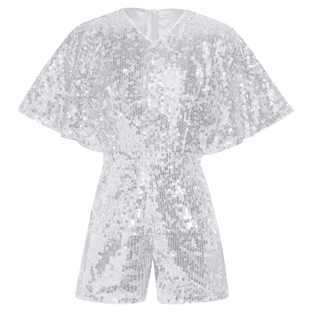 Девушки Блестящий Комбинезон с Пайетками V-образный вырез Рукав-колпачок Боди Костюм для Выступлений на Сцене на День Рождения