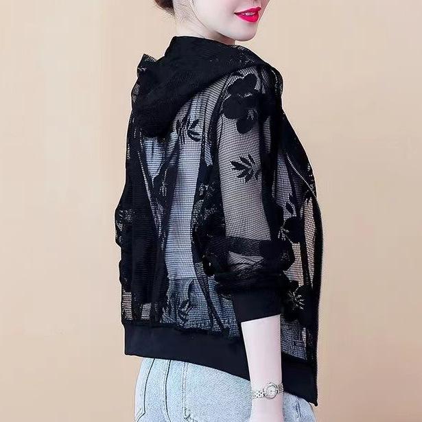 Женская легкая короткая однотонная солнцезащитная куртка летняя куртка больших размеров с сетчатым кружевом и капюшоном