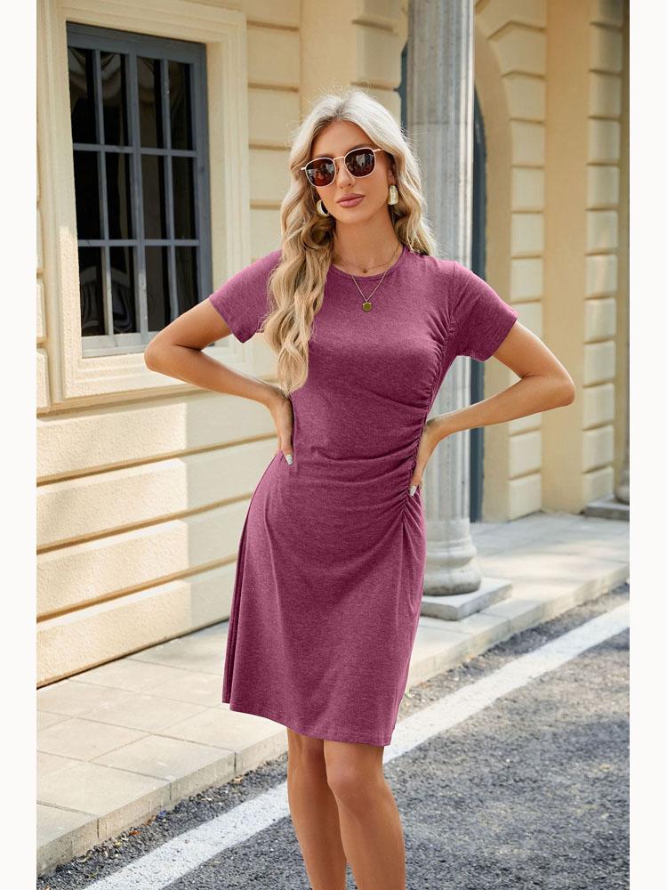 2026 Spring Summer Round Neck Drawstring Solid Color Short Sleeve Casual Dresses For Women