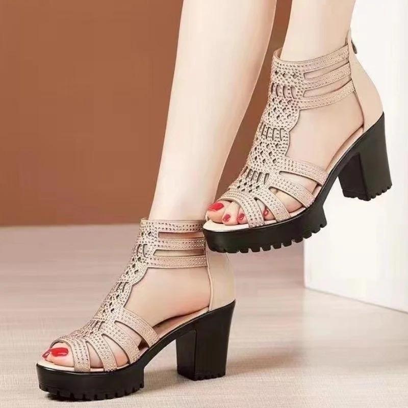 2024 Brand Shoes for Women Plus Size Women's Sandals Fashion Zip Office and Career New Crystal Peep Toe Round Toe Heeled Sandals
