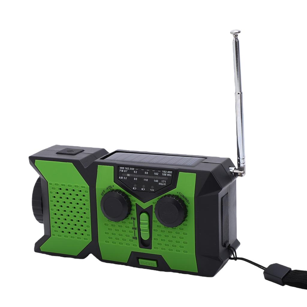 AM FM WB Radio Hand Crank Solar Battery Operated Portable Radio with Weather SOS Alert LED Flashlight for Camping Emergency Green