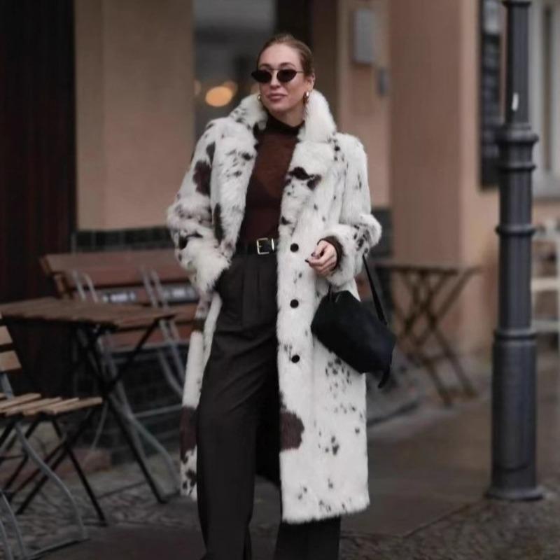 Пальто из искусственного меха с принтом коровьей шкуры, пальто из лисьего меха удлиненное зимнее, экологичное пальто из искусственного меха