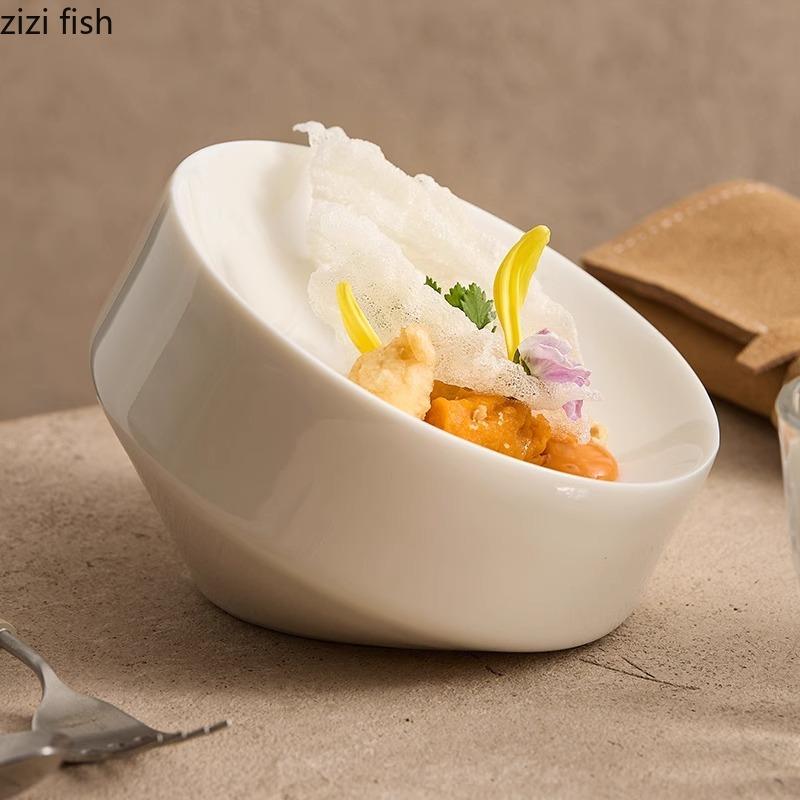 Креативная керамическая тарелка со скошенным краем Специальная десертная тарелка Тарелка для димсамов Тарелки для суши Витрины для молекулярной кухни в отеле