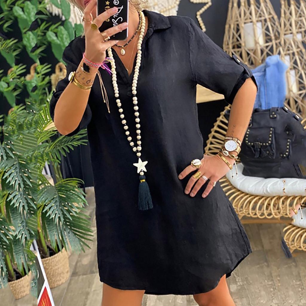 Women Fashion Plus Size Solid Cotton Linen Turn Down Collar Loose Shirt Dress