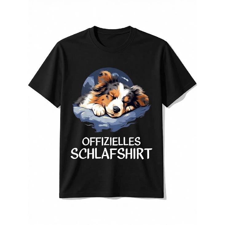 Мужская пижамная футболка с австралийской овчаркой - Черная повседневная футболка с круглым вырезом и принтом "Offizielles Schlaftshirt" | Короткий рукав, Обычный крой, Для любого сезона