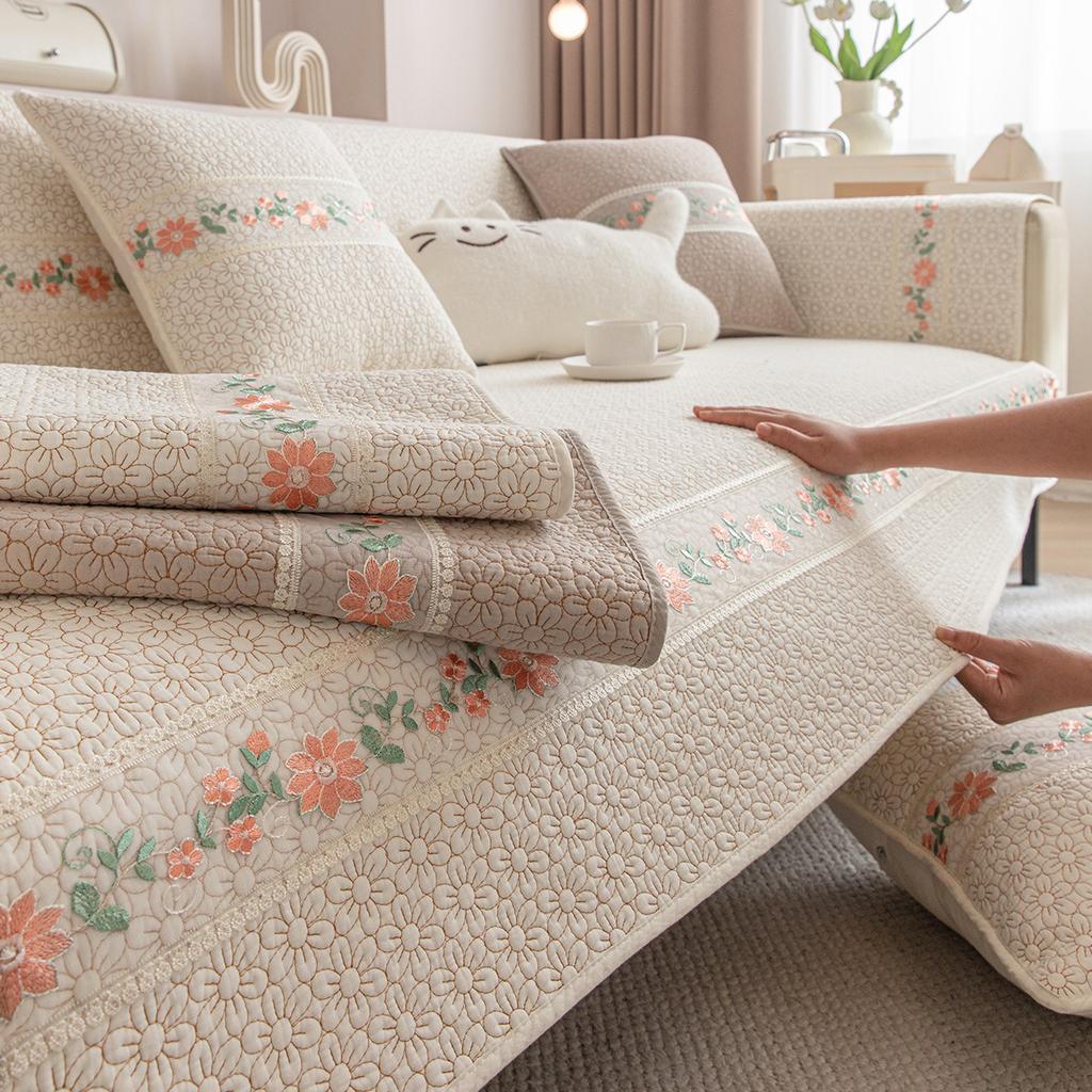 Korean Single Pure Cotton Sofa Cushion, Universal Fabric For All Seasons, Non-Slip Sofa Cover, Sofa Towel, Pastoral Cream Wind Sofa Seat