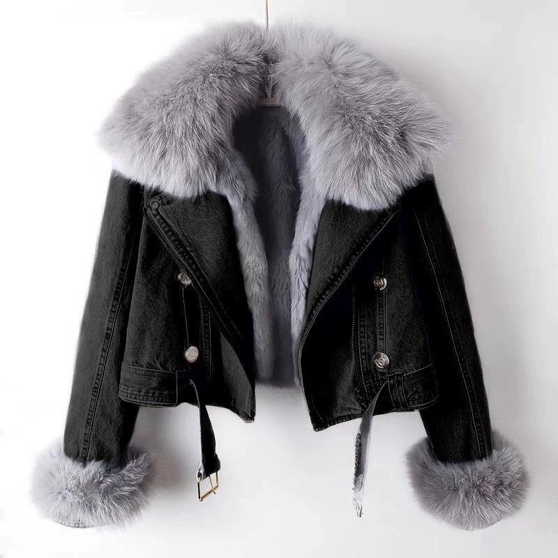 Осень Зима Съемный Искусственный Мех Лисы Мех Кролика Внутренняя Подкладка Джинсовая Куртка Женский Короткий Топ Женская Теплая Парка Верхняя Одежда