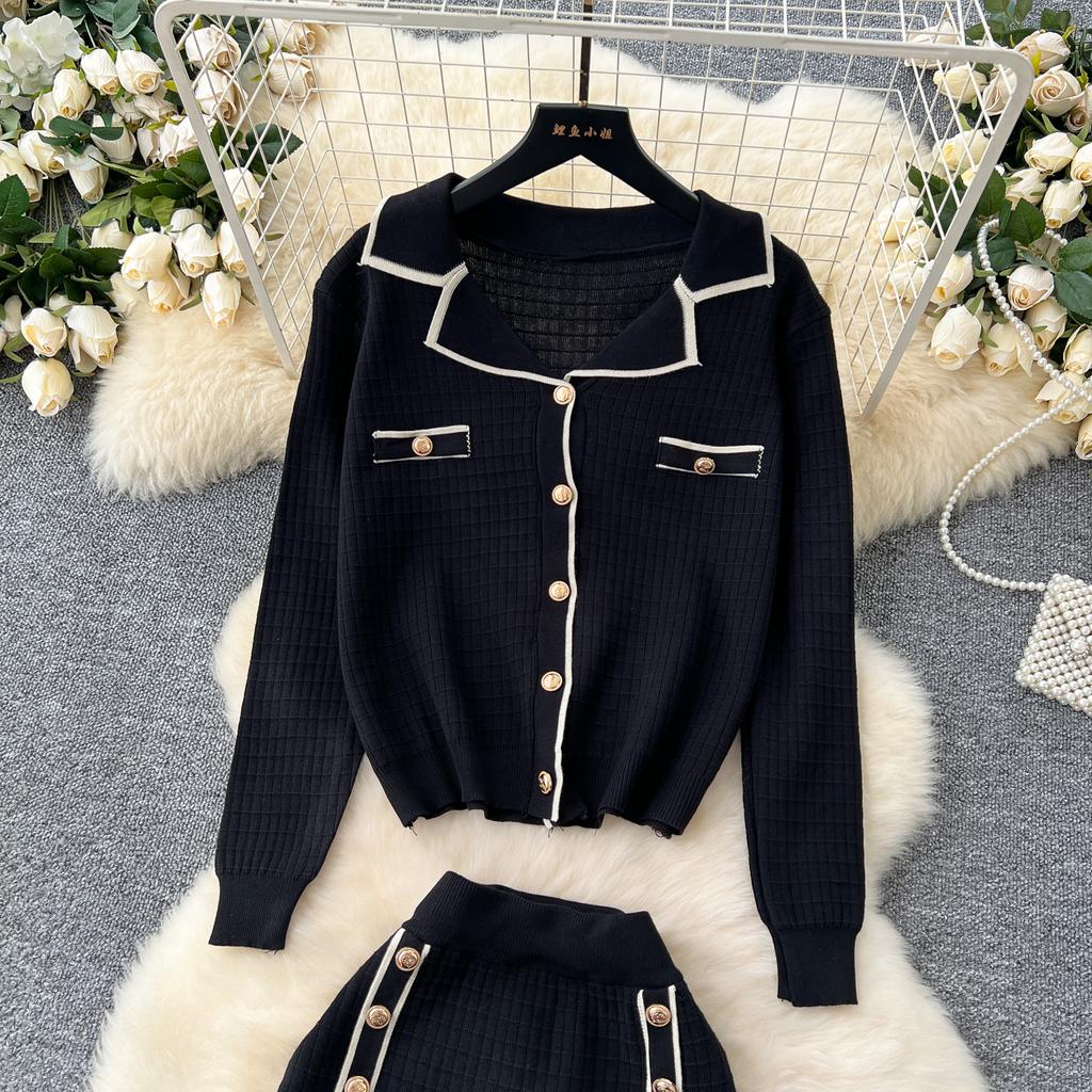 Simple Luxury Premium Solid Color Set Autumn/Winter Knitted Set Women's Polo Loose Shirt Coat+High Waist Skirt Two Piece Sets