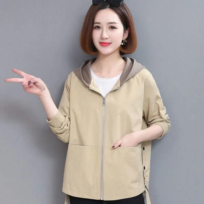 Women Hooded Jacket Thin Spring Autumn Loose Casual Pocket Long Sleeved Short Windbreaker Woman Zipper Up Coats Ladies