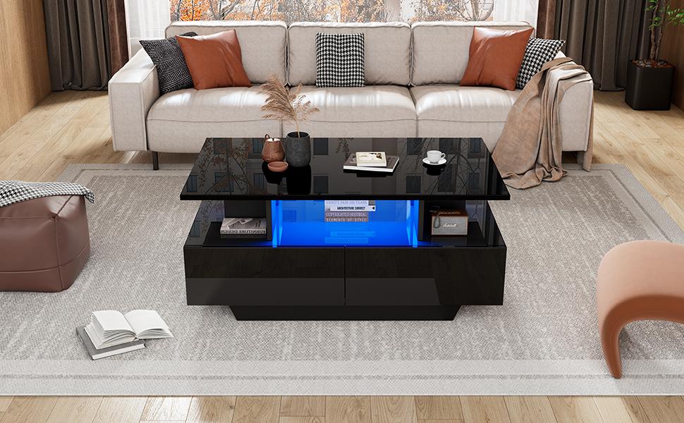 Modern High-Gloss Coffee Table with LED Lighting and 2 Drawers – Stylish 90x55x41 cm Side Table with Storage, Load Capacity up to 30 kg