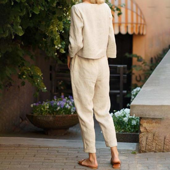 2 шт./комплект женский топ брюки комплект круглый вырез длинный рукав блузка винтажные эластичный пояс брюки повседневный досуг свободный наряд