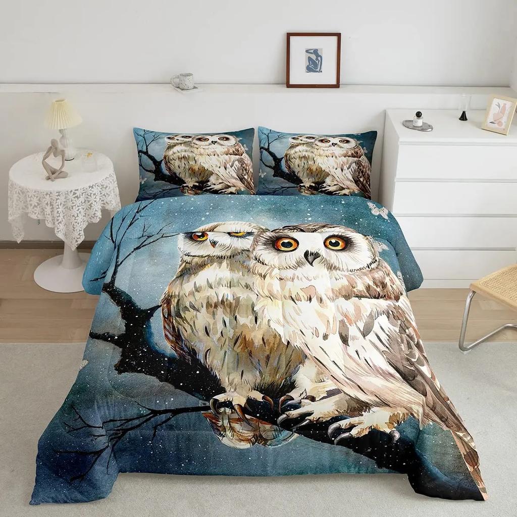 Owl Duvet Cover Bird Decor Bedding Set Printed Comforter Cover for Boys Girls Children Teens Bedroom Decor with 2 Pillow Case