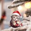 2D Christmas Cat Pendant Acrylic Flat Christmas Tree Decorations Cat Car Pendant Decorative Cat Xmas Hat Ornament New Year Gift