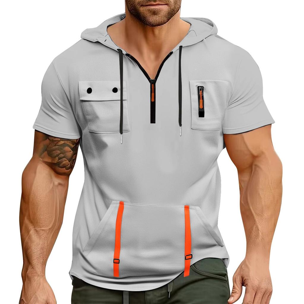 Men's Summer Shirt Zipper Pocket Short Sleeve Hooded Sweatshirt Men's Sports Large Size Casual Sweatshirt