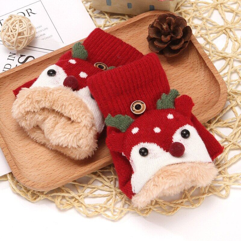 4-12 Years Children Gloves Winter Knitted Half Finger Plush Thick Warm Cartoon Boy Girl Christmas Flip Gloves