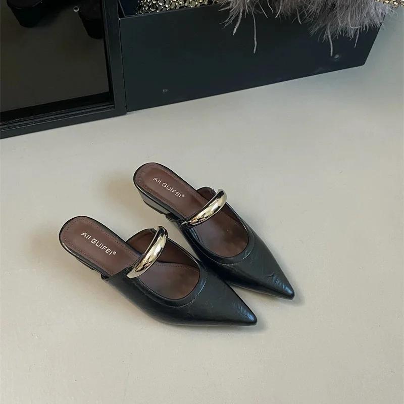 Женские шлепанцы с острым носком и металлической пряжкой, женские удобные модные босоножки на низком каблуке, дизайнерские туфли-лодочки для женщин