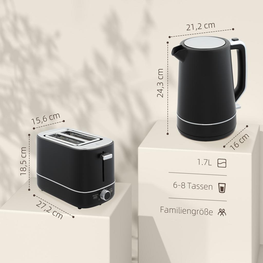 Set of 1.7 L Kettle and Toaster with 6 Browning Levels, Black/Steel