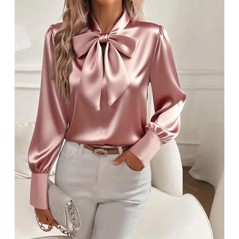 Autumn Long Sleeved Bow Satin Women's Blouses & Shirts