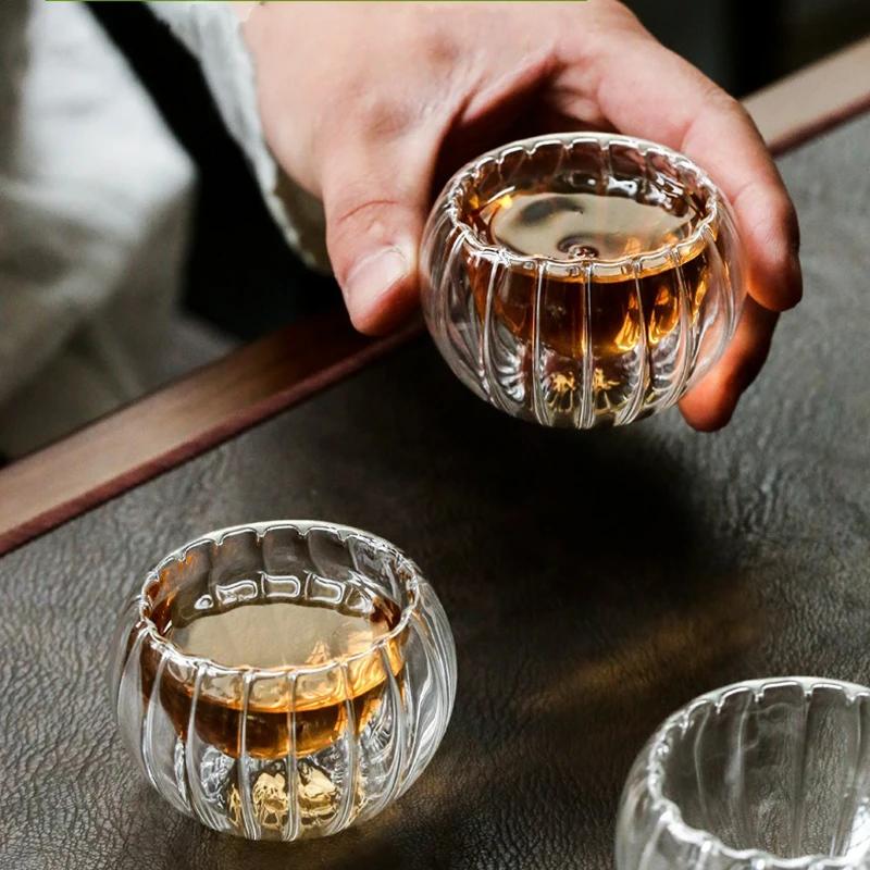 50ml Stripe Double-layer Glass Small Tea Cup Exquisite Heat Resistant Teaware Transparent Pumpkin Shape Puer TeaCup Water Cups