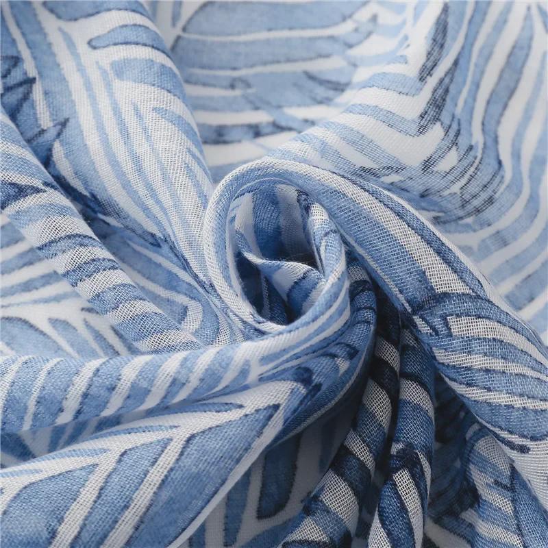 Синий шелковый шарф в стиле бохо с банановыми листьями - солнцезащитная шаль с кисточками