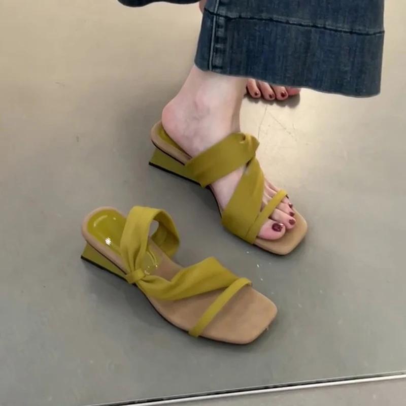 Гладиаторские летние сандалии с квадратным носком, модные сабо на толстом каблуке, женские уличные повседневные туфли для платья