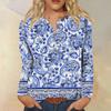 Summer Women's New Button Collar Fashion Print Long Sleeves Retro Print T-Shirt Slim Top Casual Tops