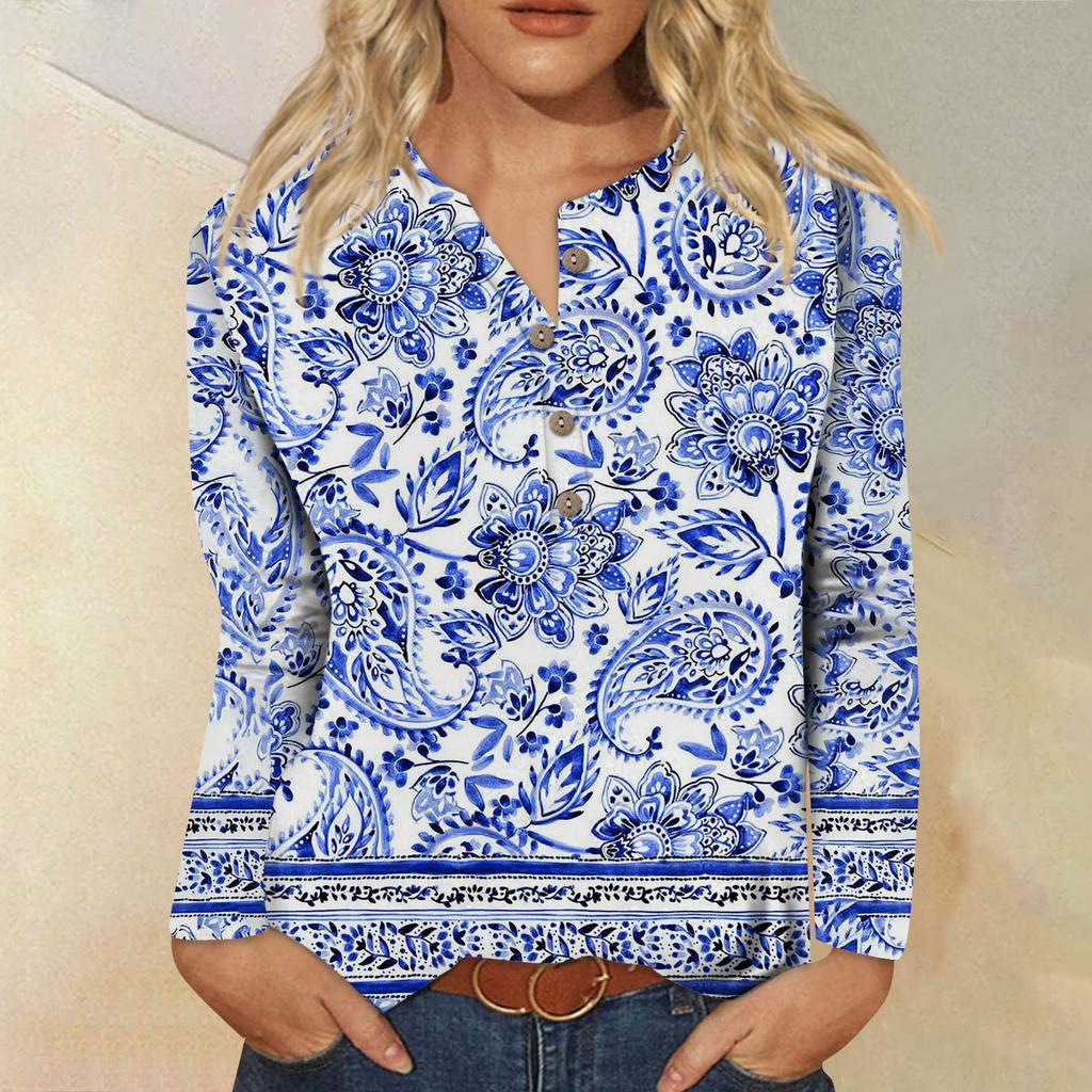 Летняя женская новая модная футболка с длинными рукавами и воротником на пуговицах, футболка с ретро-принтом, тонкий топ, повседневные топы