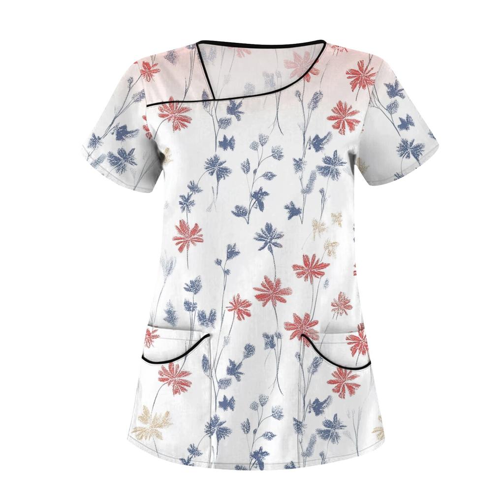 Женская повседневная рабочая одежда с короткими рукавами и наклонным воротником с принтом и двойными карманами