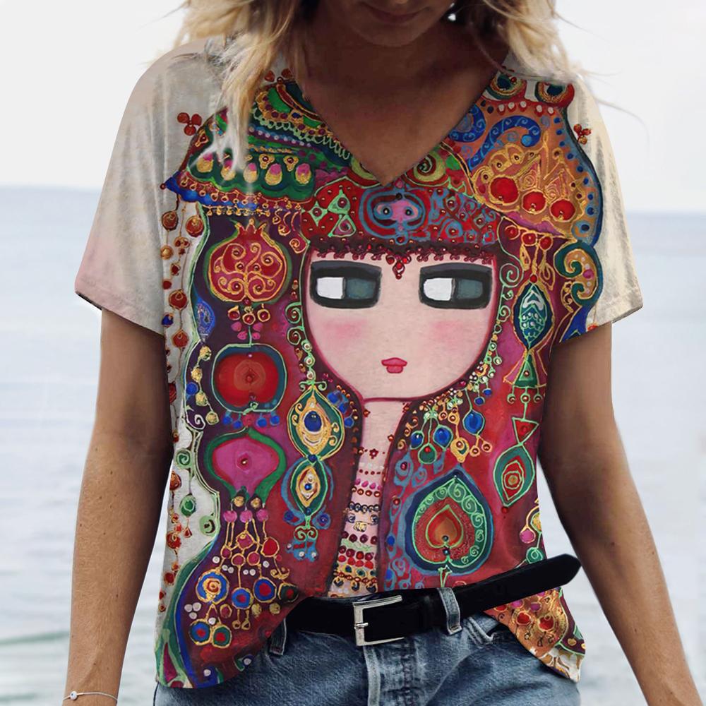 Summer Cartoon T-shirt Graphic Printing V-neck Short-sleeved Pullover Outdoor Casual Women's T-shirt